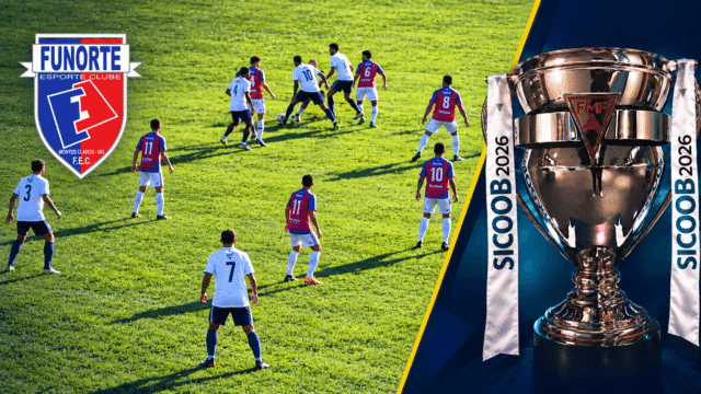 Montagem ilustrativa do Funorte com jogadores no gramado, escudo do clube e troféu do Campeonato Mineiro.